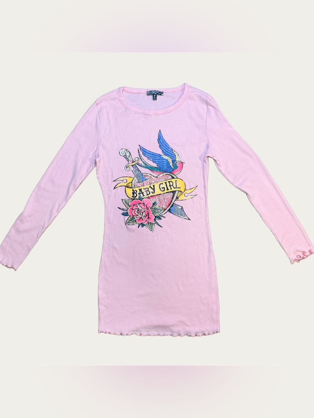 Y2K Baby Girl Graphic Long Sleeve Tattoo Rhinestone Dress | Made in USA | Size S